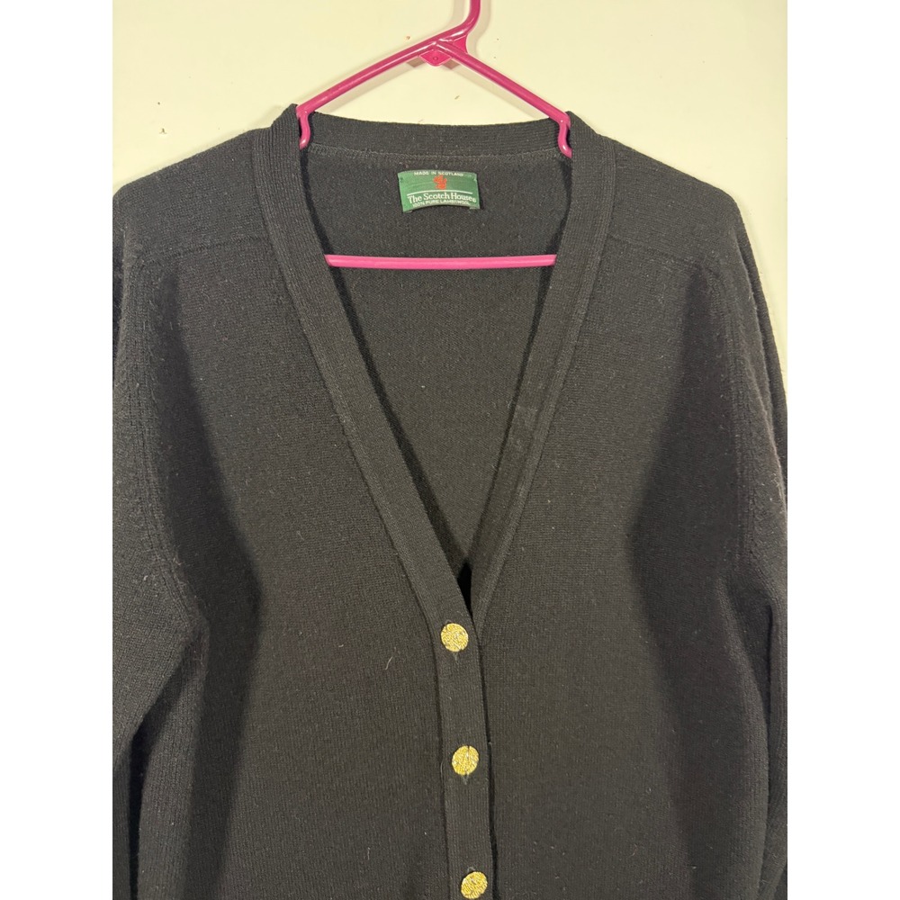 The Scotch House Black Lambswool Cardigan Gold Buttons Made in Scotland V-Neck